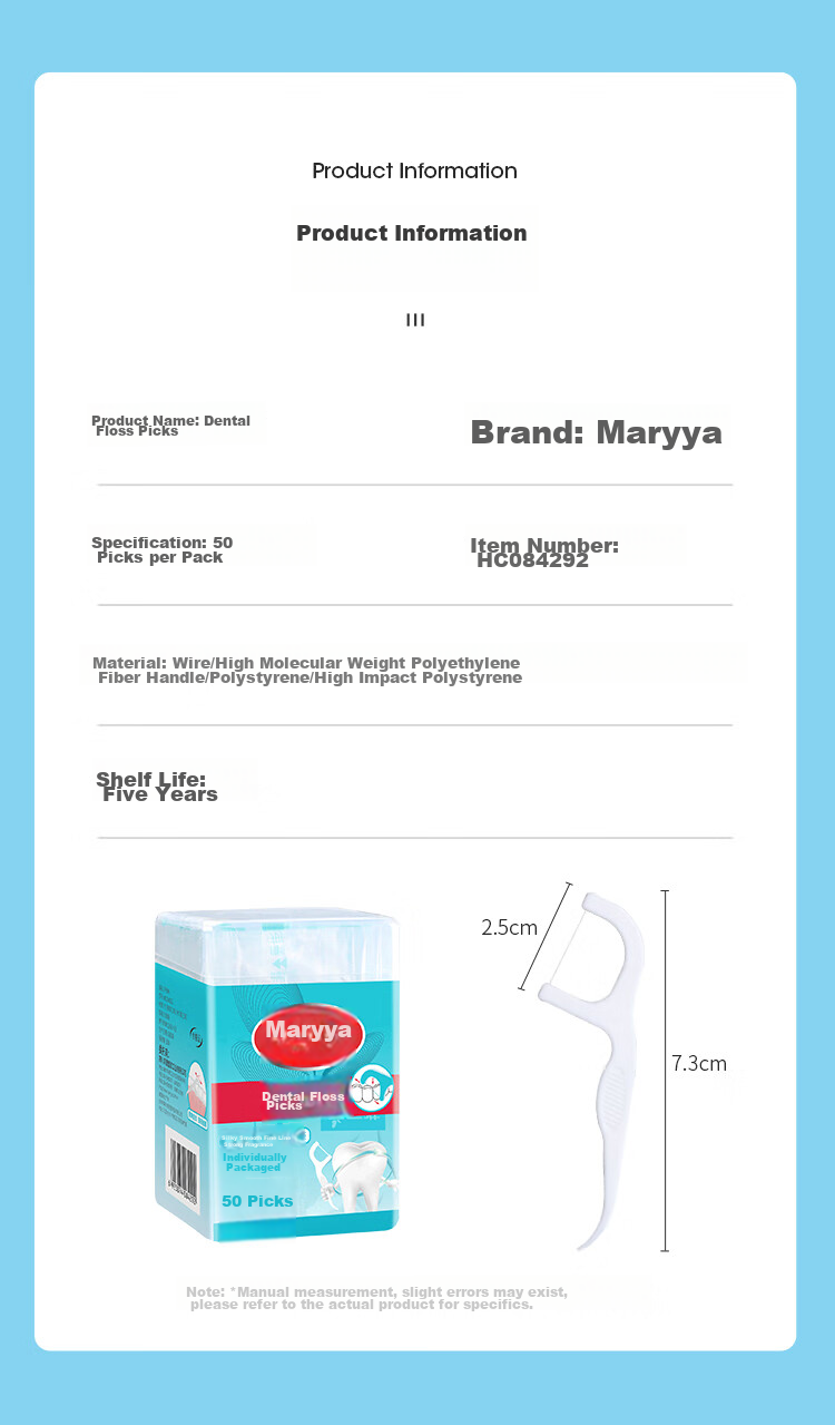 MARYYA Dental Floss, 50 Individually Wrapped Pieces, Portable Toothpicks, Ultra-Thin Dental Picks, Disposable Adult Interdental Cleaners, Smooth Round Thread 12