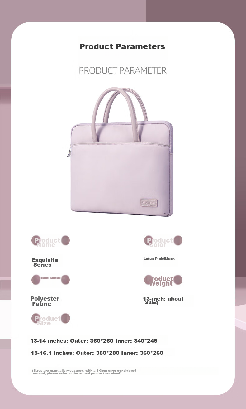 WOMT Inkless Laptop Bag for Women, Handheld, Suitable for 13.3/14 Inch Laptops, Compatible with Apple, Lenovo Xiaoxin Air, Huawei Matebook 14s, ASUS, Dell, Xiaomi, HP, Microsoft 14
