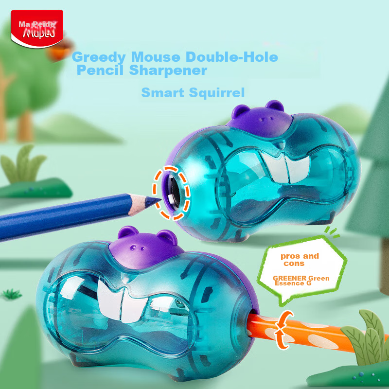 Maped Greedy Squirrel Pencil Sharpener with Dual Holes, Manual Rotary Pencil Sharpener, Small Pencil Sharpener for Elementary School Students, 018410CH