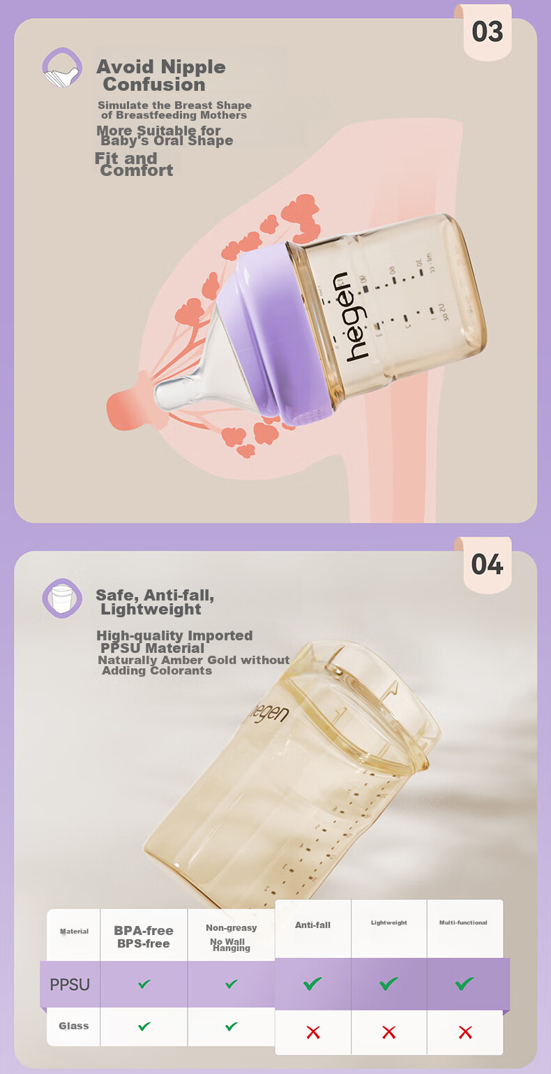 HEGEN Baby Bottle for Newborns 3-6 Months, 240ml PPSU, Anti-Colic, Anti-Choking, Breast-Like, Imported, Pink 4