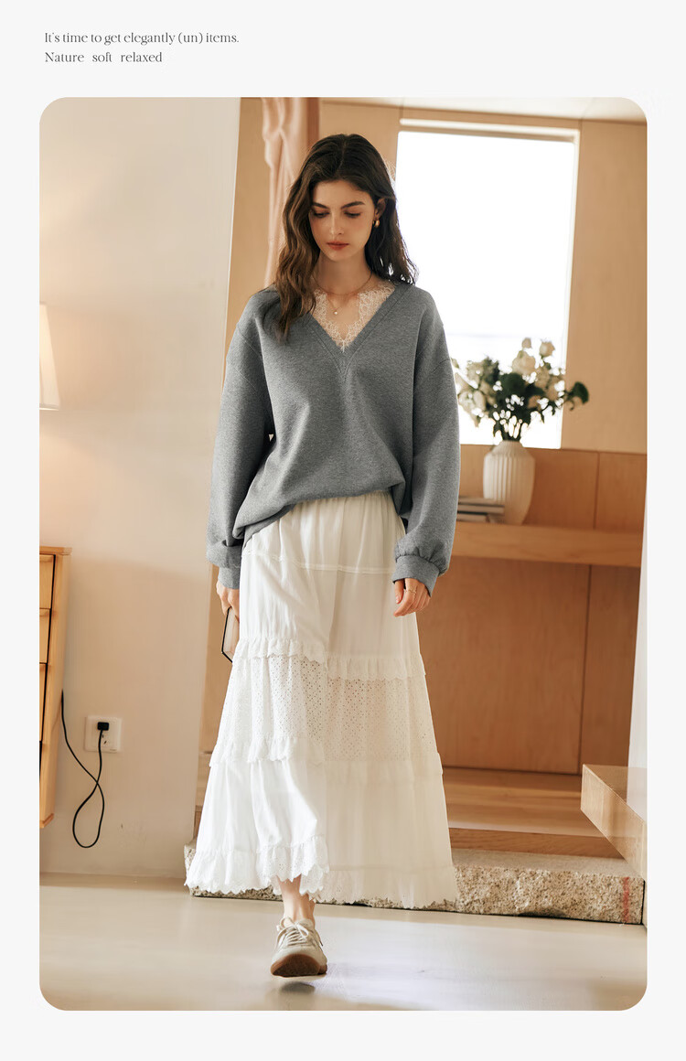 Oulain French V-Neck Sweatshirt for Women, Spring New Style Distinctive Lace Casual Pullover Top, High Gray, Size S 9