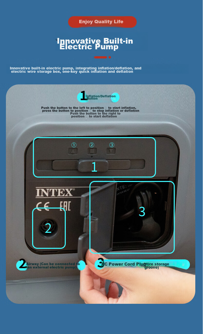 INTEX Electric Pump Double Automatic Inflatable Bed with Built-In Pillow, Car Nap Tent, Camping Companion Care Folding Bed 118CT2 12