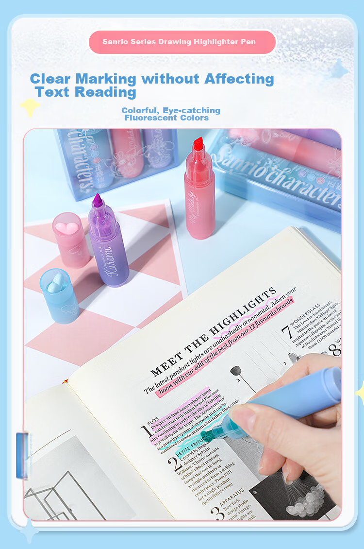 GuangBo & Sanrio Highlighters, Exam Review Marking Pens, Colorful Highlighters for Memorization, Office Markers, Journal Pens KT82196 7