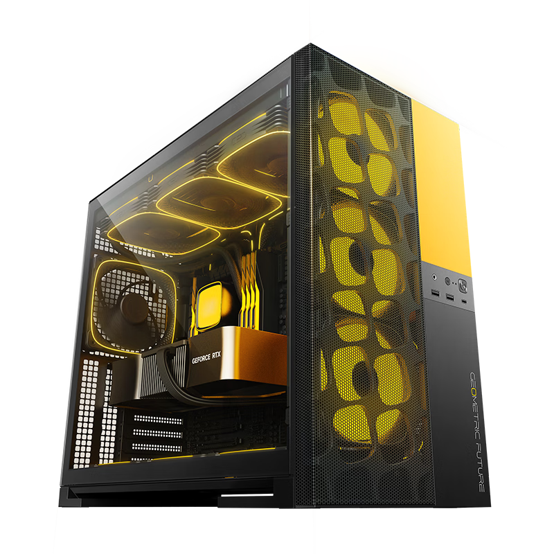GeometricFuture Model5 Iron Fan Computer Case Black And Yellow (Supports EATX Motherboard/50 Series Graphics Card/420/360 Radiator/Good Cooling/TypeC Port)