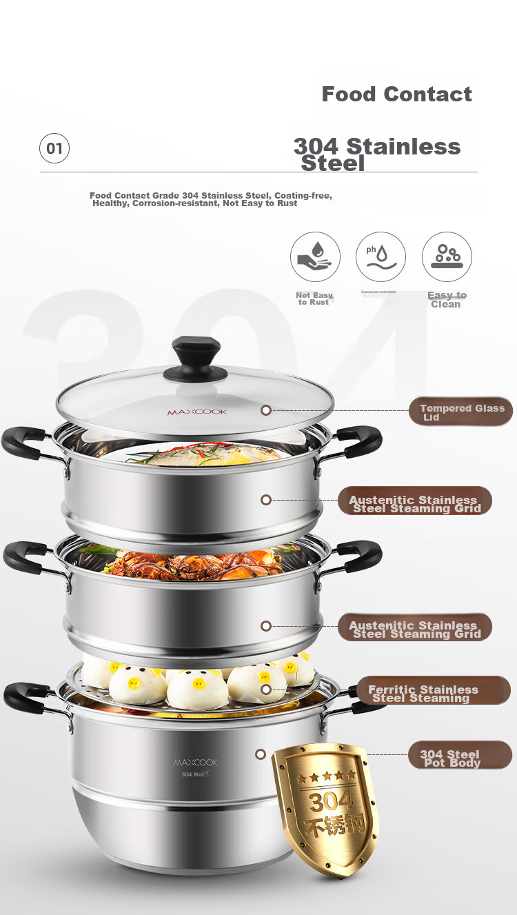 MAXCOOK 304 Stainless Steel Steamer Pot, 26CM Three-Layer Composite Bottom, Compatible with Gas Stove And Induction Cooker 3