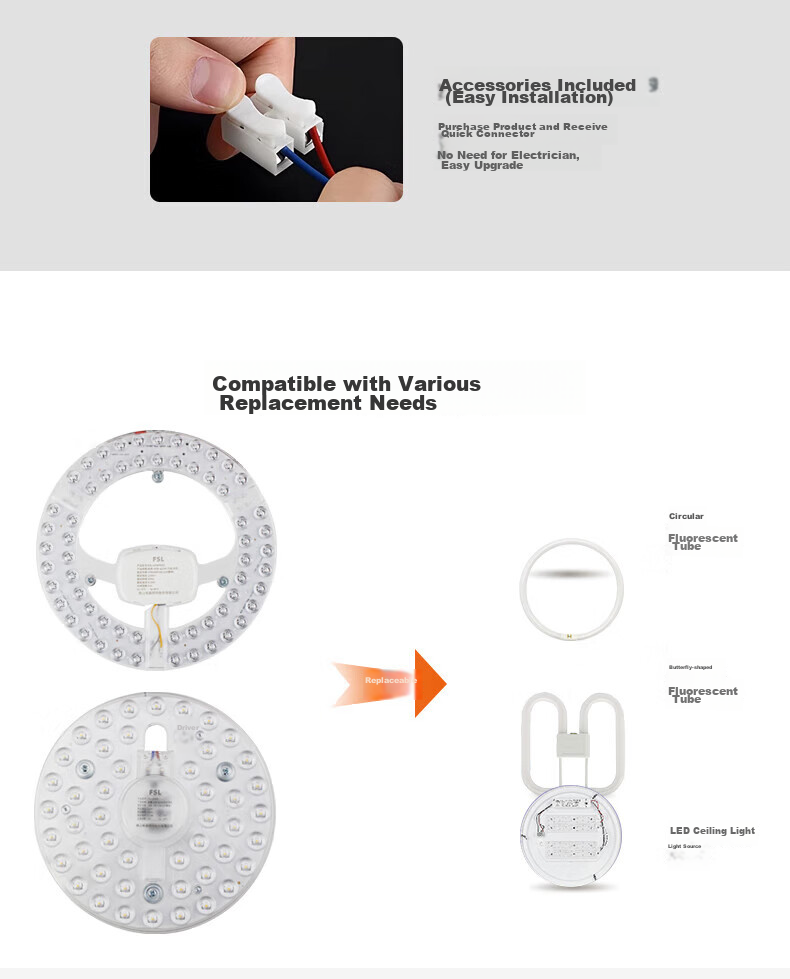 Foshan Lighting (FSL) LED Replacement Light Source, Ra97 High Color Rendering, Stepless Dimming, Circular Light Core [Full Spectrum], 40W/stepless Dimming, Φ230mm, with Terminal Block 15
