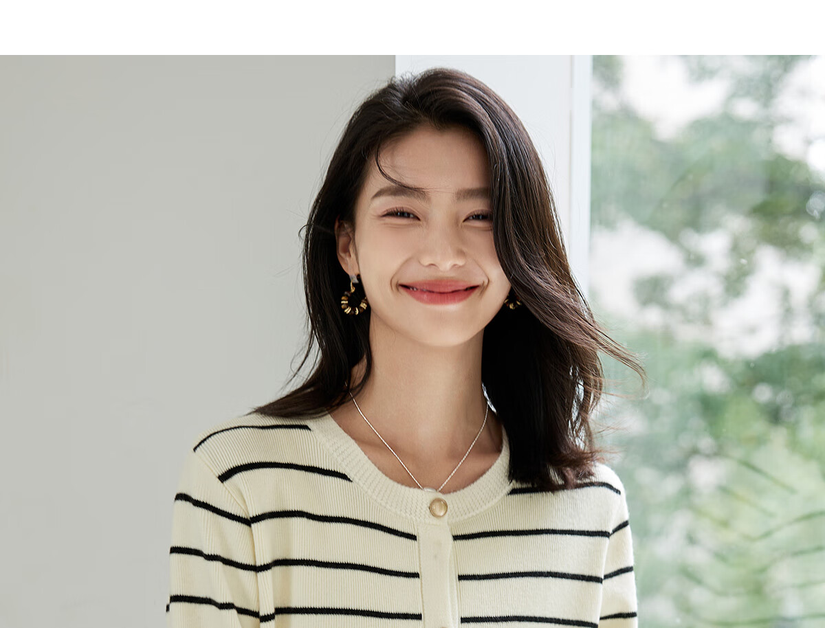 Chushen Spring And Autumn Knitted Cardigan for Women, Versatile Round Neck Fashionable Striped Curved Hem Sweater Jacket Top S143Z1032 11