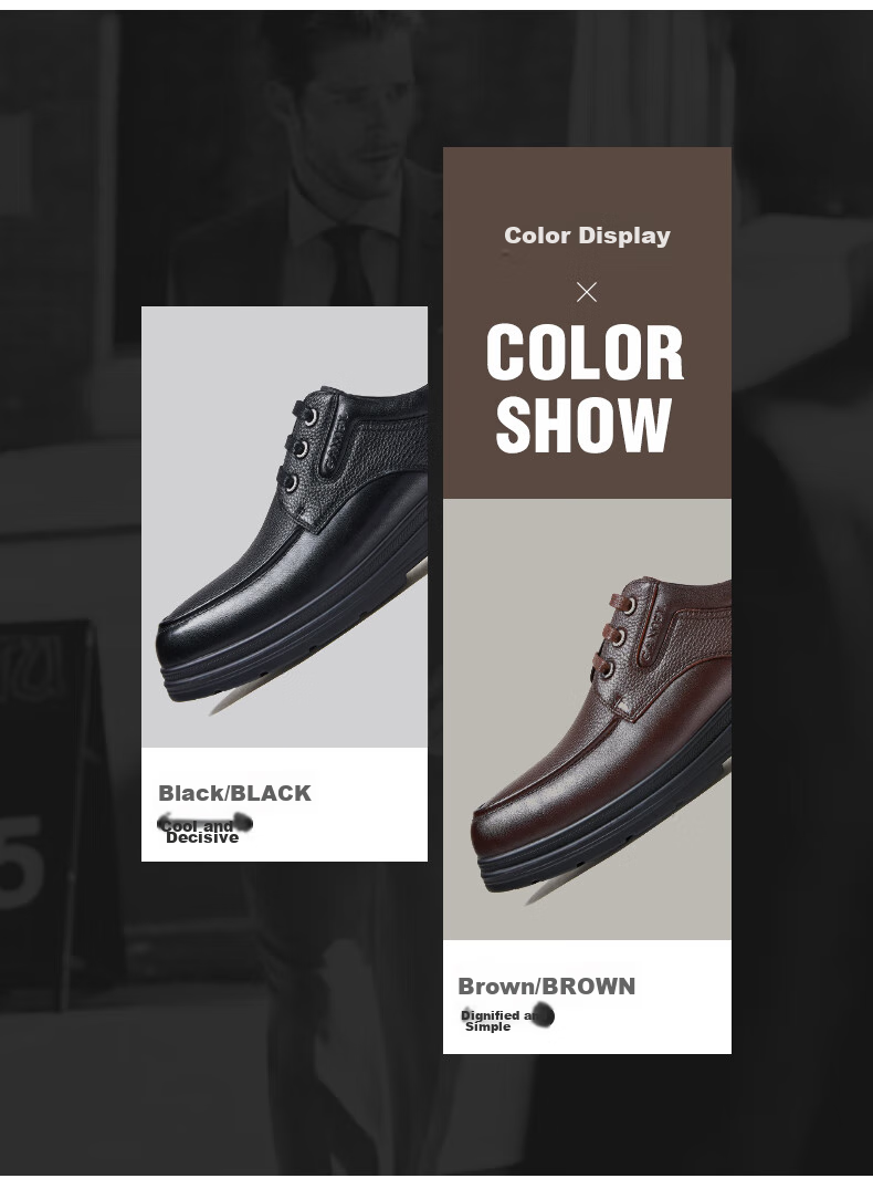CAMEL Leather Lace-Up Middle-Aged Dad Shoes, Height-Increasing Classic Business Casual Leather Shoes for Men, G15A211067, Black, Size 38 4