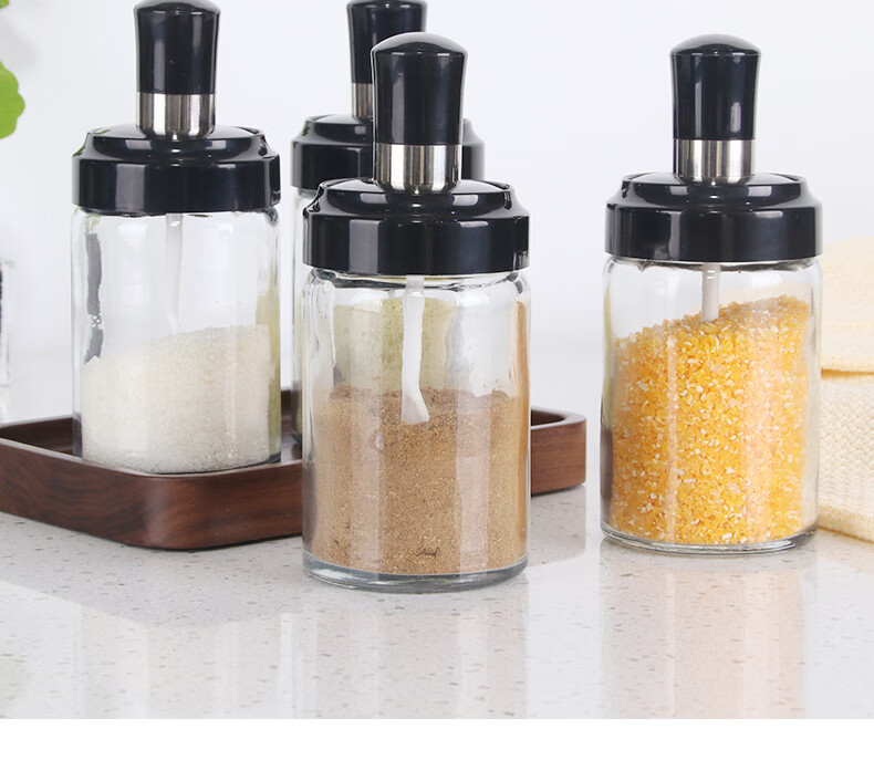 Baijie Spice Jars Set of 4, 250ml Thickened Glass Seasoning Bottles with Spoons, Salt and Spice Containers, Integrated Seasoning Bottles 2