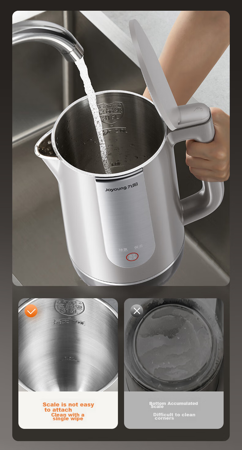 Joyoung Electric Kettle, U-Shaped Bottom Seamless Inner Tank, 2L Capacity, 316L Stainless Steel Seamless Inner Tank, Thermos Flask, 20WU3T 10