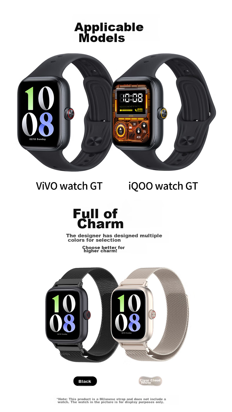 KMaxAI Compatible with Vivo/iQOO WATCH GT Milanese Metal Strap, Magnetic Stainless Steel Braided Watch Band, Breathable Business Replacement Wristband, Creative Magnetic Clasp, Black 2