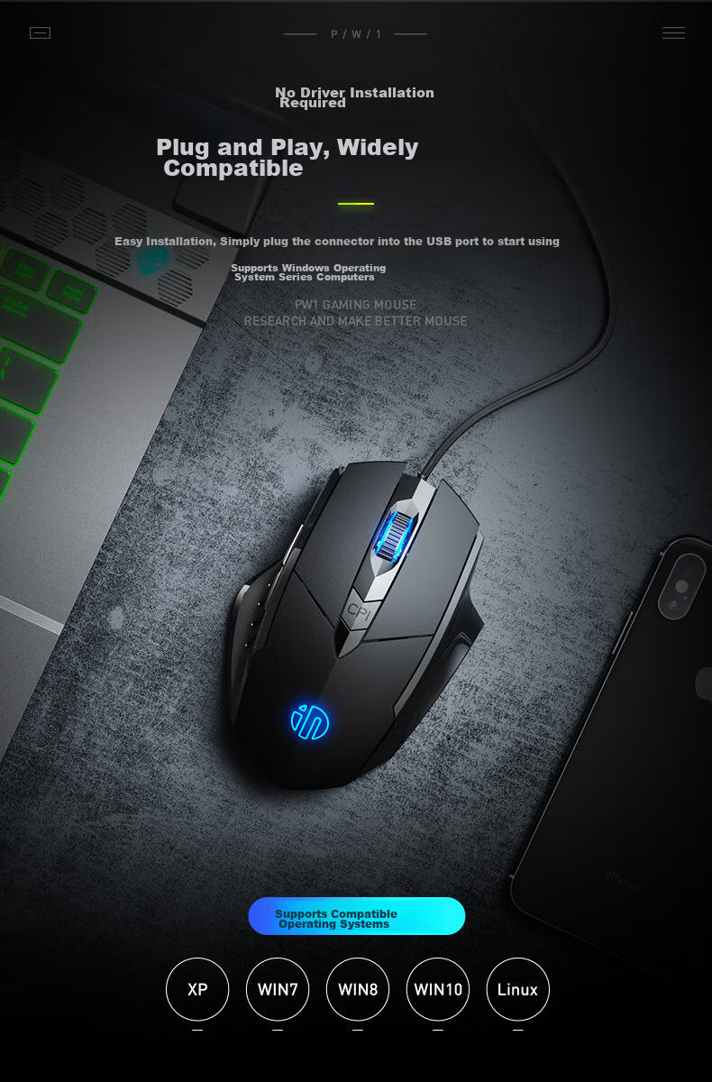 INPHIC PG9 Wired Gaming Mouse, E-Sports Macro, Right-Handed Universal RGB Mouse for PUBG/LOL/CSGO, Compatible with Desktop And Laptop, 12800 DPI, Black 7