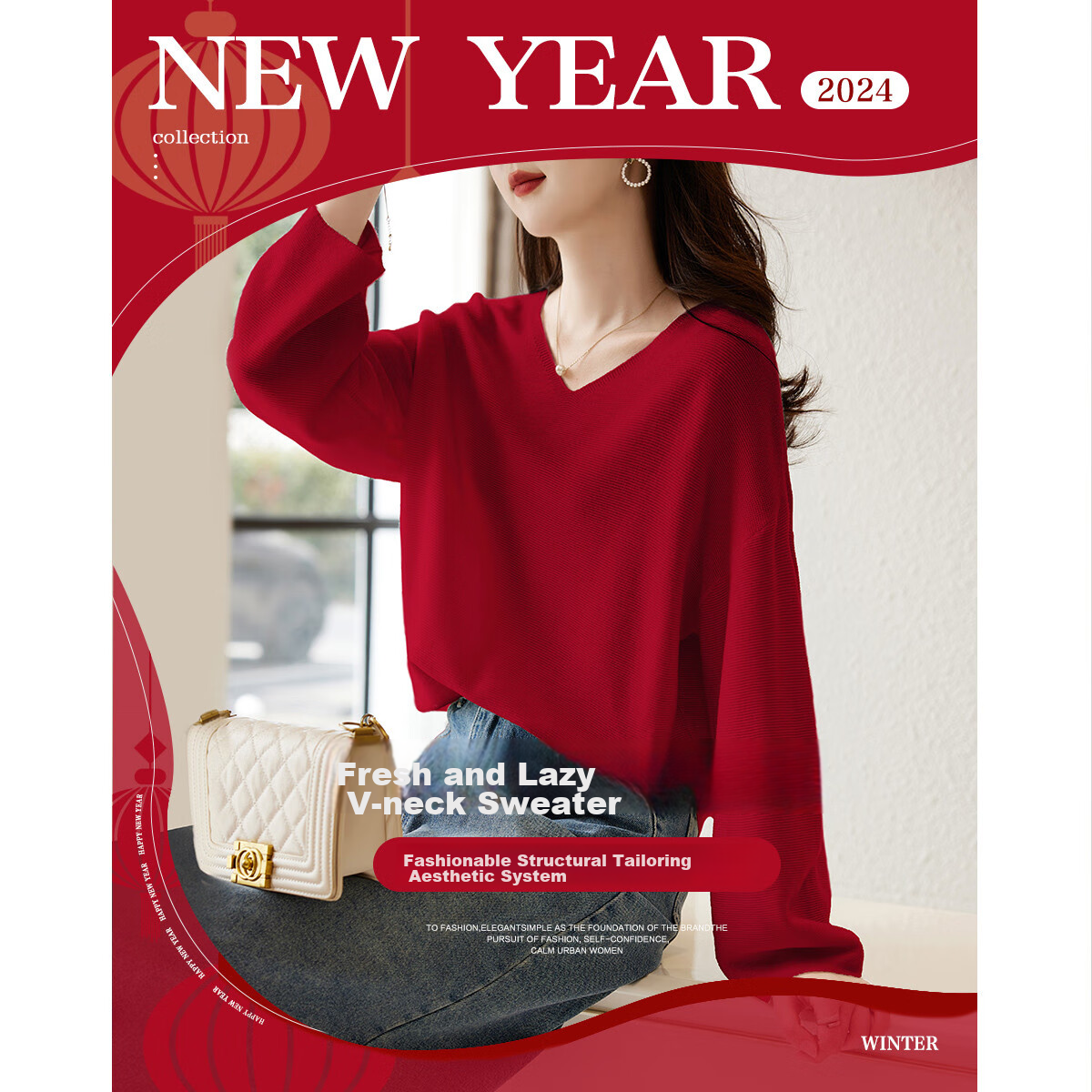 Dme [Containing Wool] Spring And Autumn French-Style V-Neck Sweater with Lantern Sleeves, Slimming And Versatile Knitted Top for Wome