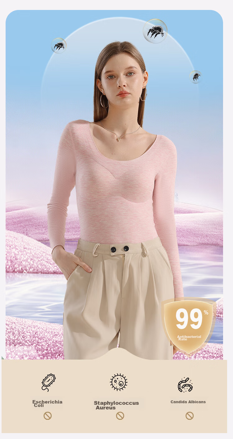MiiOW New Thermal Underwear for Women with Chest Pads, Warm Base Layer, Contains Cashmere And Silk, Long Sleeve, Pink, XL 21