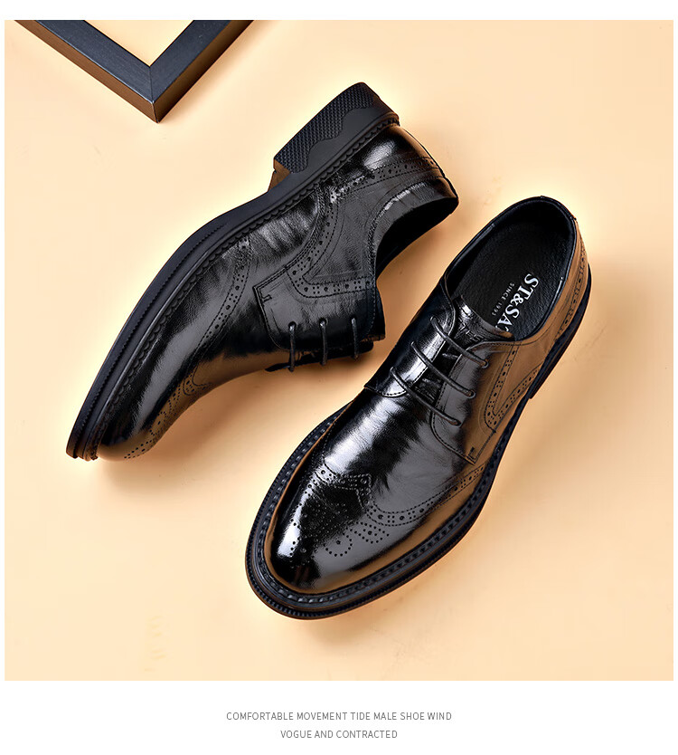 St&Sat Men's Shoes, Top-Grain Sheepskin, Formal Business Leather Shoes, Brogue Casual Leather Shoes for Men, Black, Size 40 2