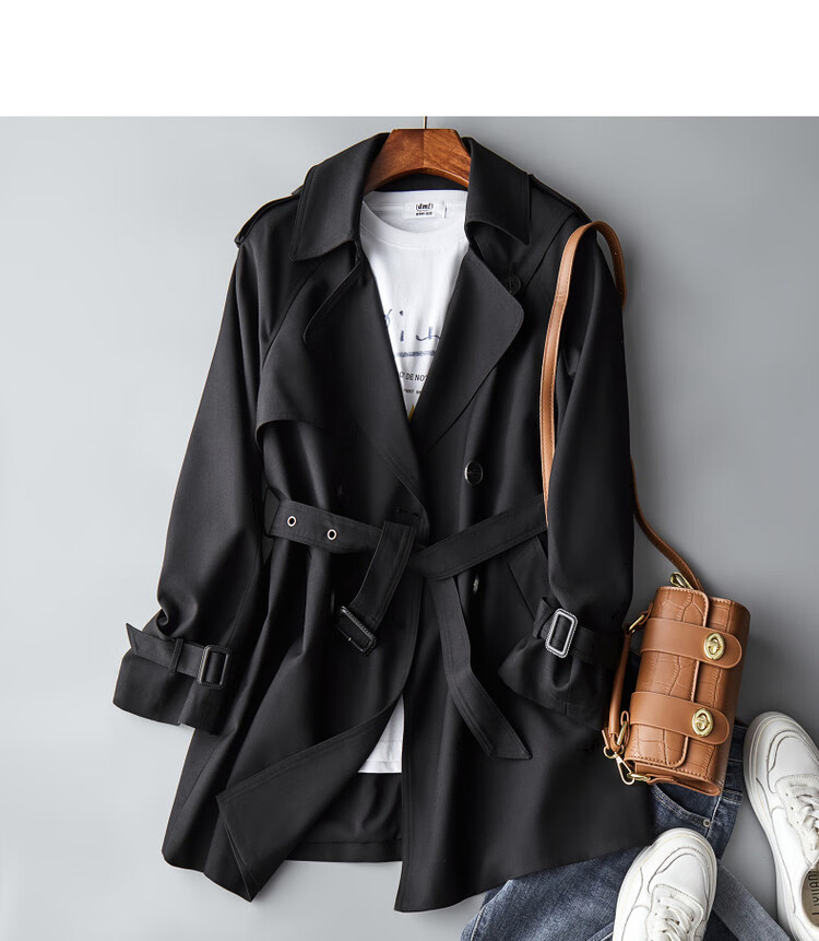Dme Double-Breasted Trench Coat, Spring And Autumn Suit Collar H-Type Double-Breasted Long-Sleeve Trench Coat for Women, Mid-Length Style, Deep Khaki, S 17