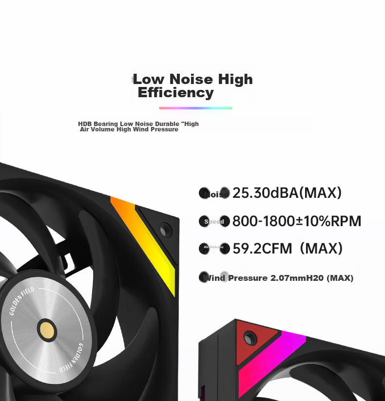 Golden Field Aierdeng KP-L12 Black Straight Blade 12CM Computer Case Cooling Fan ARGB5V3 Pin Interface PWM Temperature Control High Air Pressure Low Noise 6