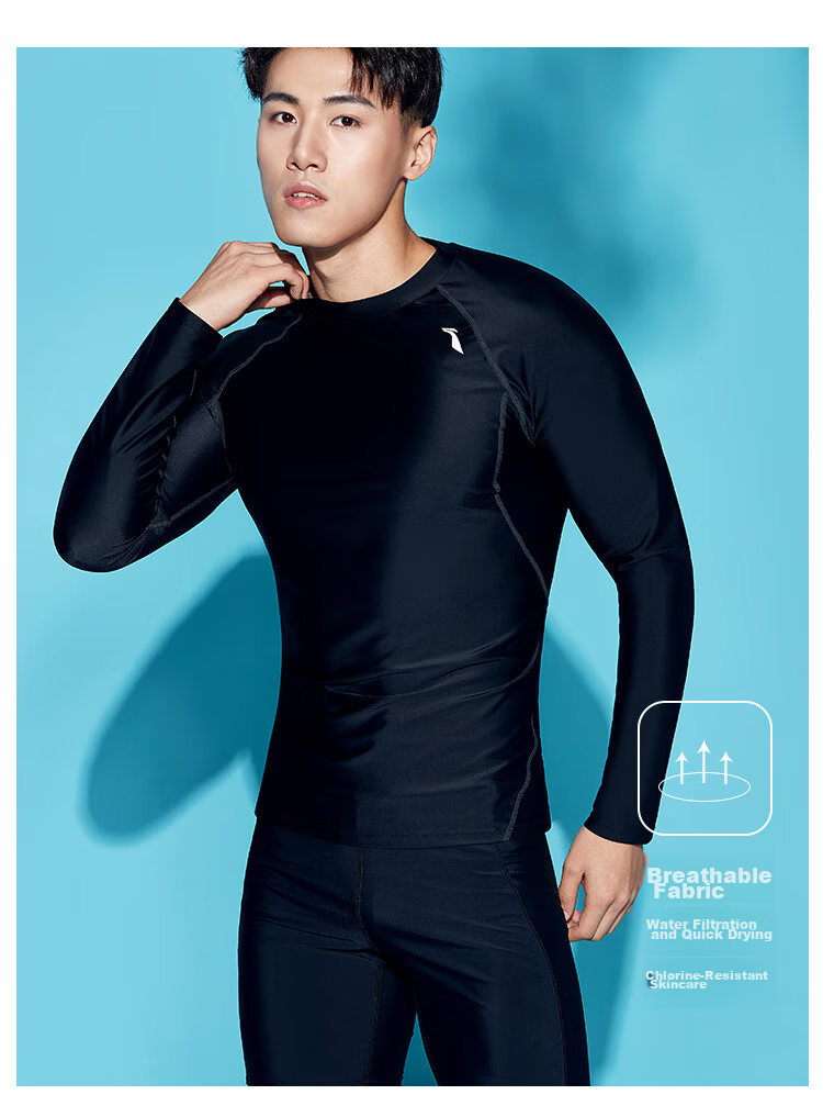 Li-Ning Swimwear, Surfing Suit, Diving Suit for Men, Long-Sleeve Cold-Resistant Swimming Top, Quick-Dry Surfing Suit 078, Black, 3XL 5