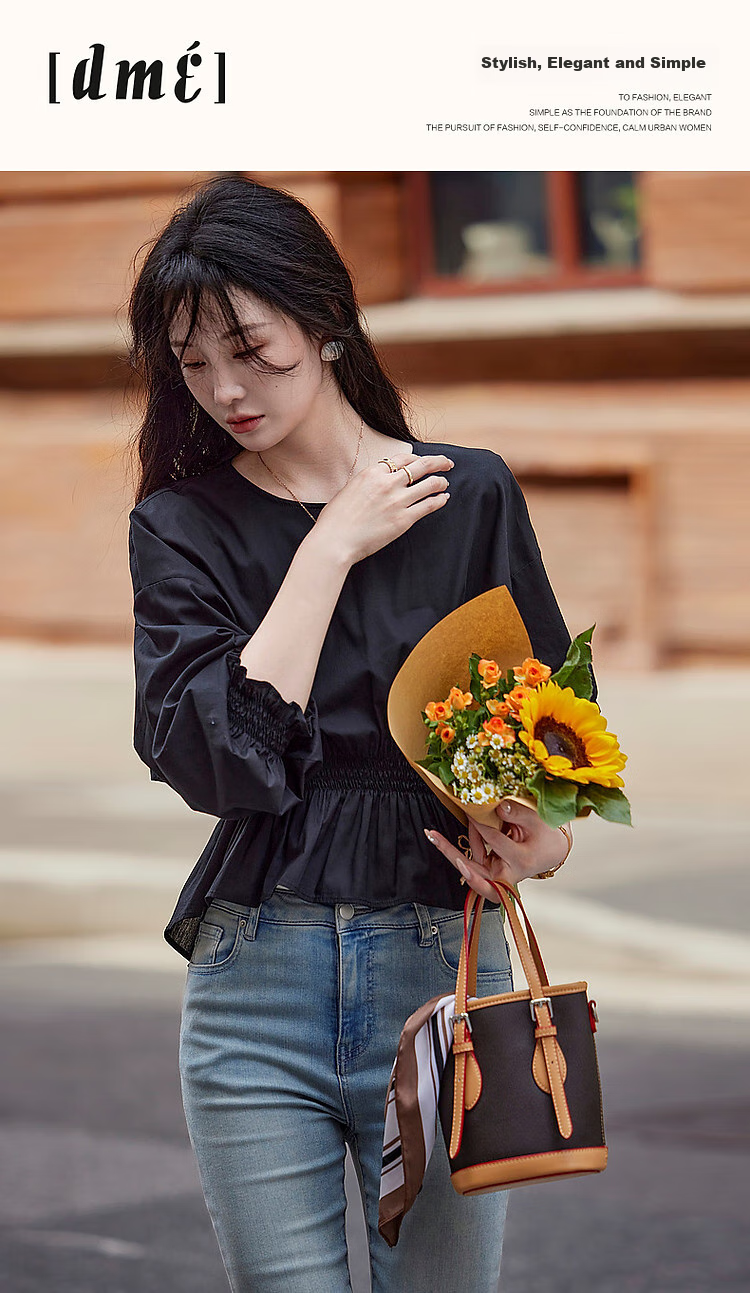 Dme [Will Breathe Cotton] Spring And Autumn French-Style Loose Round Neck Slim-Fit Drop Shoulder Concealing Shirt Women's Top 1