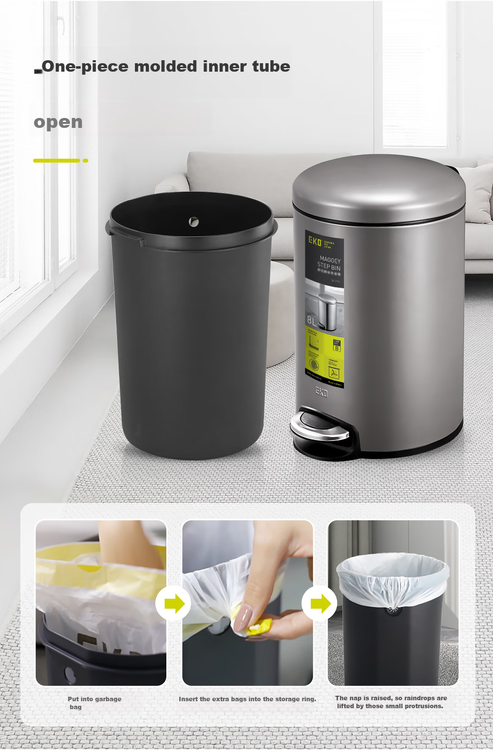 EKO Pedal Trash Can, 12L, Stainless Steel, Home Use with Lid, Large Size, Stainless Steel, for Bathroom And Kitchen, Recommended by Zhang Ruoyun, Model 9361 7