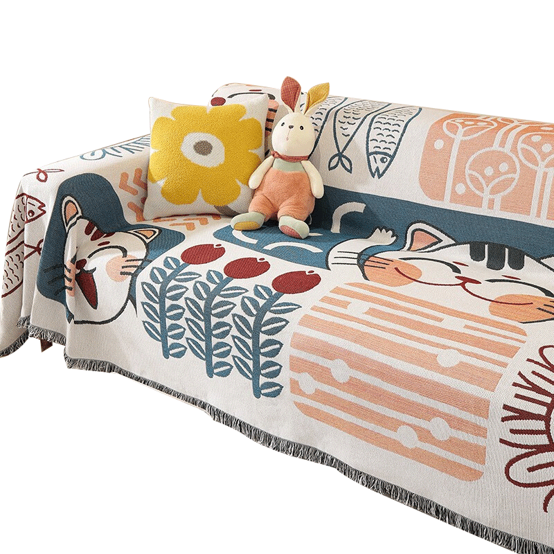 AVIVI Sofa Cover, Throw Blanket, All-Inclusive Sofa Slipcover, Suitable for All Seasons, Sofa Pad, Seat Cushion, Non-Slip, 180*380 Cm, Lucky Cat Desig