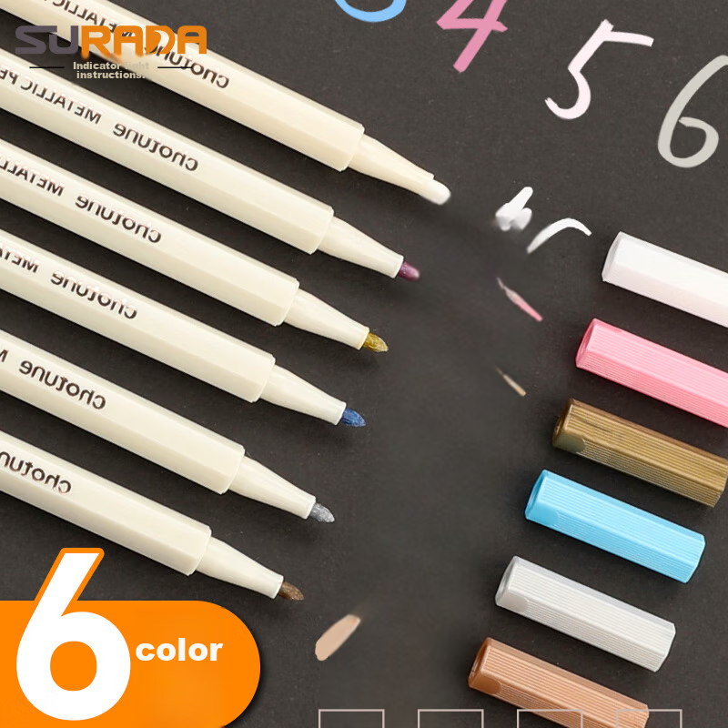 Surada Watercolor Markers, Metal Pens, Metallic Color Pens for Greeting Cards And Black Card Paper, Highlighters, Drawing Pens, Enamel Stamp Ink, Guka Journal Markers, Photo Album Pens, 6-Color Set DIY166, Sketching, Marker Painting