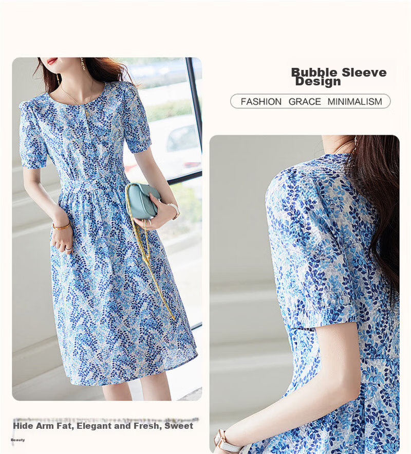 Dme [Monet Garden] Summer French Cloud Cotton Puff Sleeve High-Definition Printed Fitted Comfortable Easy-To A-Line Dress 6