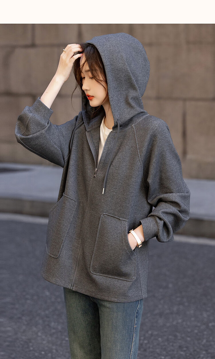 Dme [Stroll Outfit] Spring And Autumn Sporty Style 350G Air Layer Hooded Sweatshirt Jacket for Petite Women to Conceal Body Shape 24
