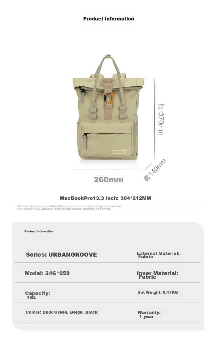 AMERICAN TOURISTER Roll-Up Bag, Casual Backpack, Travel Bag, Large Capacity Schoolbag, Laptop Bag, 24G, Black 9