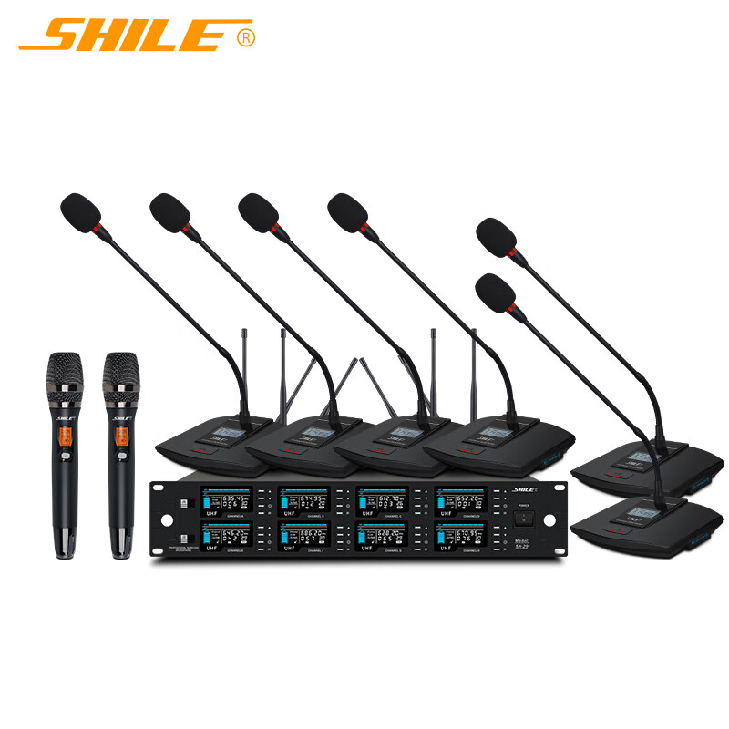SHILE SH-29 Wireless Microphone System, Conference Table Microphone with Head-Mounted Clip, for Performances, Speeches, And Hosting, 6 Gooseneck Mics, 2 Handheld Mics