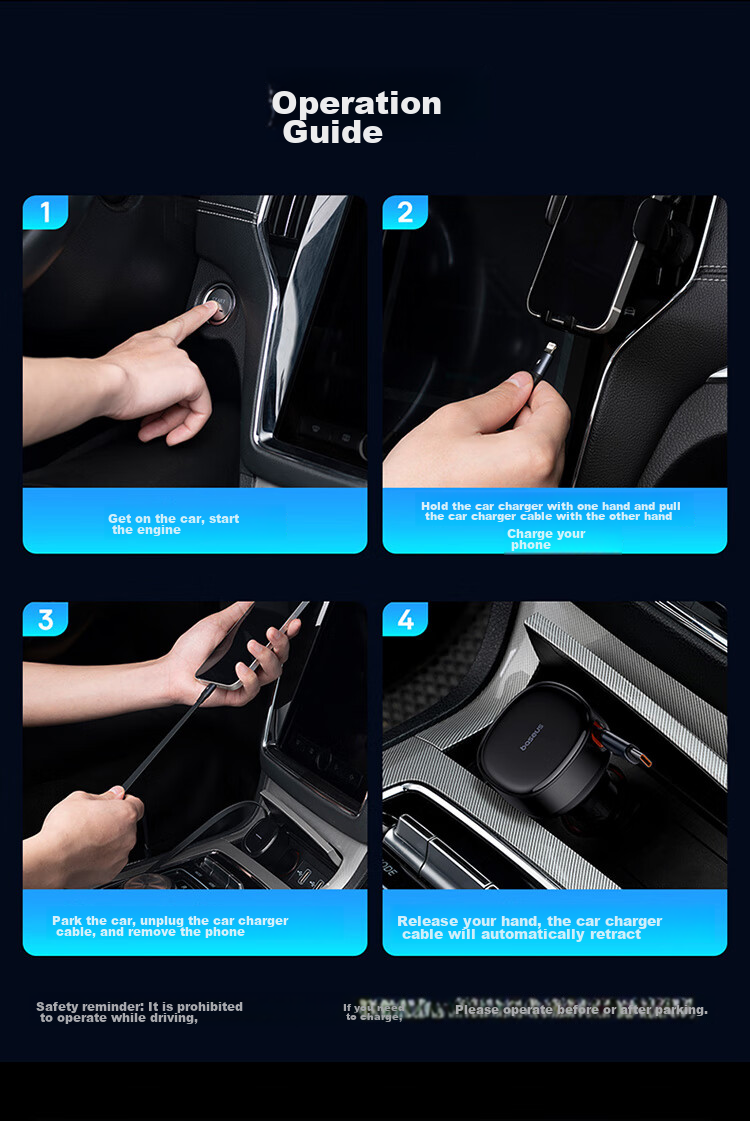 Baseus Car Charger Cigarette Lighter Three-In Super Fast Charging Adapter with Retractable Cable Compatible with Apple, Huawei, Xiaomi 18