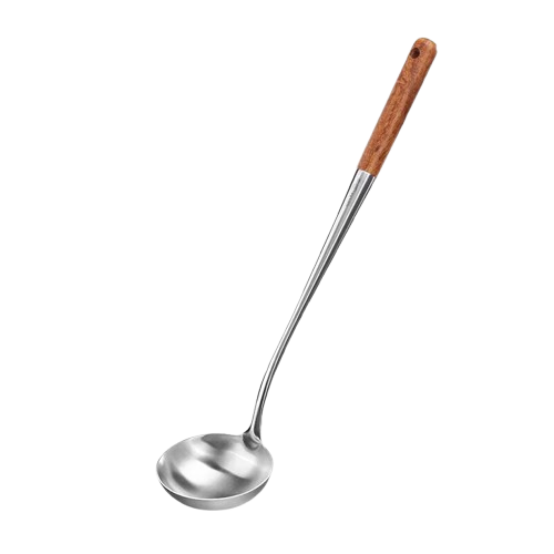 Momi Premium Stainless Steel Soup Spoon Large Cooking Spoon Extended Wooden Handle High Temperature Resistant Household Ladle