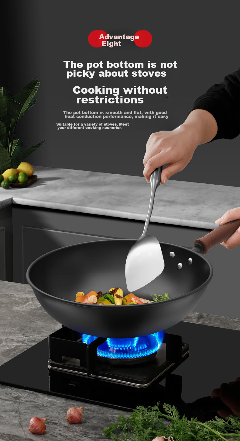 KOBACH Iron Wok without Coating, Large Capacity Stir-Fry Pan for Home Use, 34cm, Compatible with Induction And Gas Stoves 9