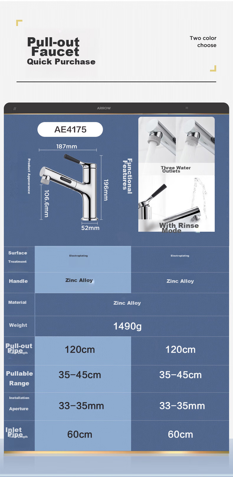 ARROW Gun-Gray Basin Faucet, Hot And Cold Washbasin Faucet, Bathroom Pull-Out Faucet AE4175MGG 2