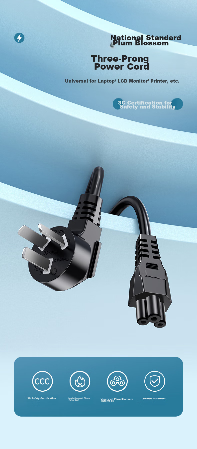BIAZE Laptop Power Cord, Three-Prong Plug, Computer Charger, Power Adapter Cable, Suitable for Monitors, Compatible with Lenovo, Dell, ASUS, HP, Acer, Hasee, Samsung, 1.5 Meters 2