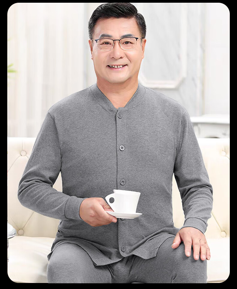 LangSha Autumn Underwear Set for Men, Middle-Aged And Elderly Pure Cotton Cardigan Set, 7A Antibacterial Men's Thermal Base Layer, Large Size Underwear 14