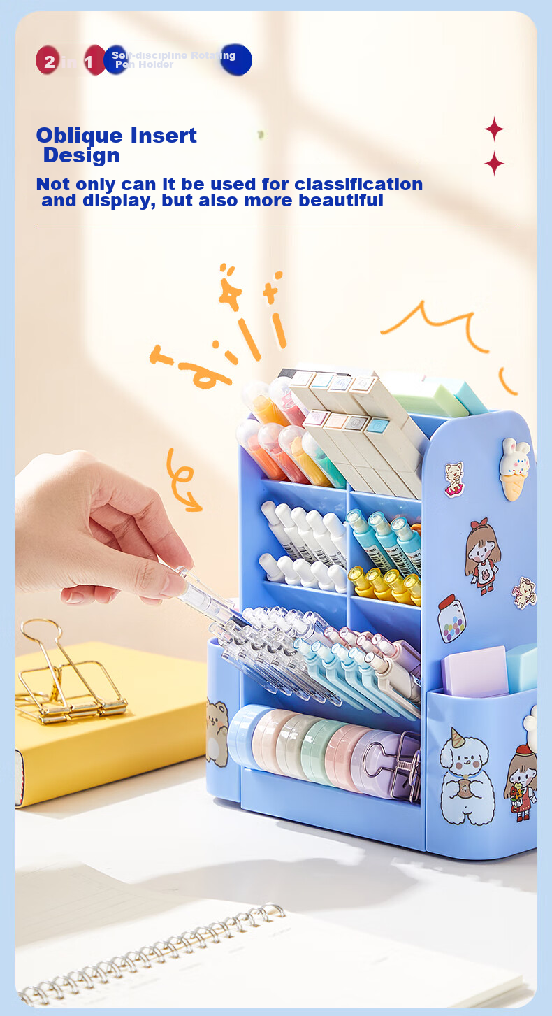 Maotaizi 360-Degree Self-Regulating Rotating Pen Holder, Large Capacity, Multifunctional Storage Box for Children, Stylish Creative Desktop Pen Container, Self-Discipline Check-In Planner, Study Tool 6