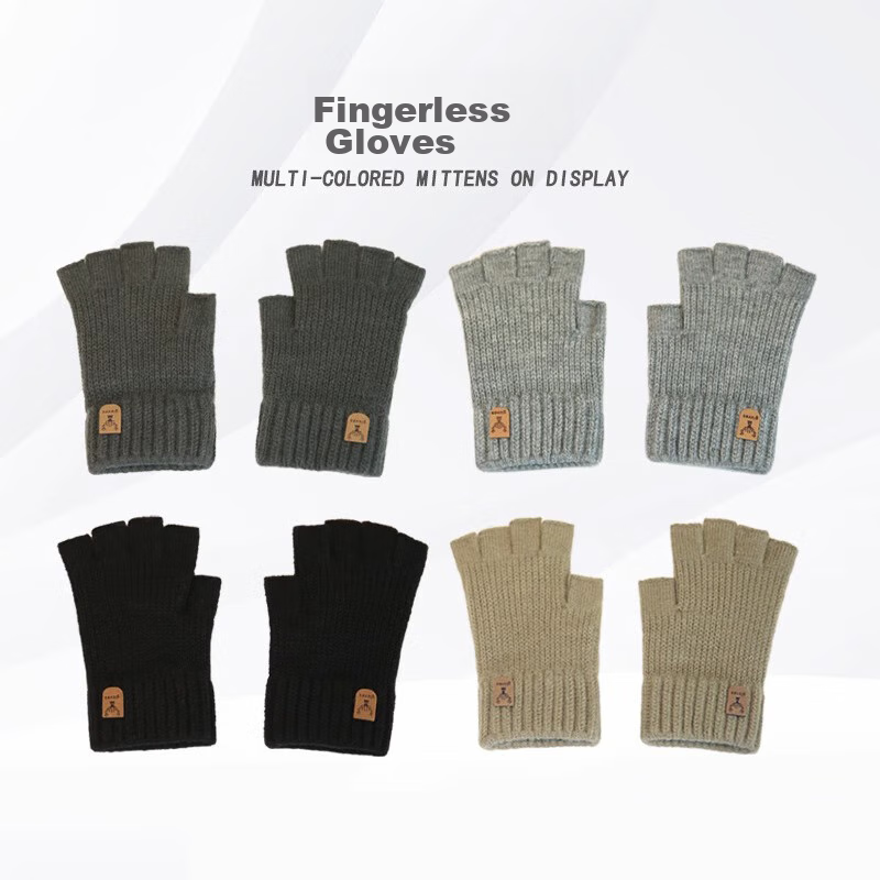 HAOGUAN Wool Knit Fingerless Gloves for Men, Autumn And Winter, for Students, Writing, Typing, Cycling, Touchscreen Use, Warm, Semi-Fingered, Elastic 4