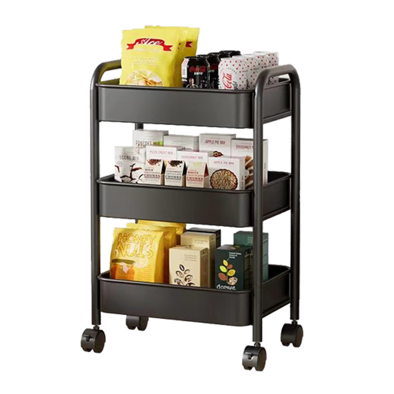 Shunyou Floor Storage Rack, Carbon Steel Shelving Unit, Mobile Kitchen Organizer, Three-Tier Trolley Cart, Black, SY-140