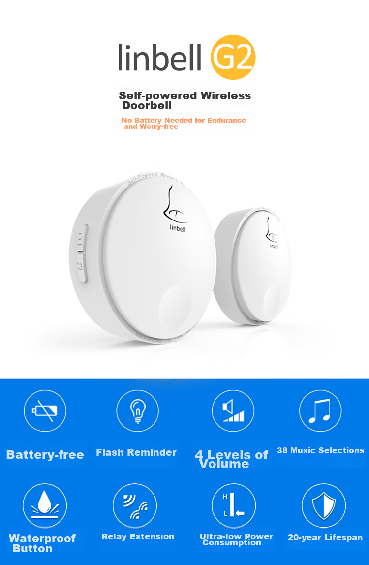Linptech Wireless Doorbell G2, Long-Range Home Self-Powered No Battery Required, Elderly Call Button, Waterproof, One-To 1