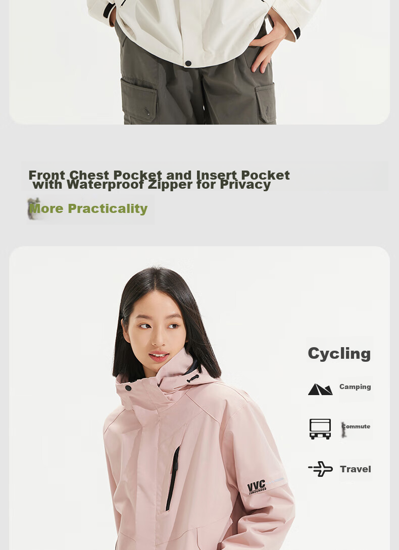 VVC Functional Windproof And Waterproof Jacket for Men And Women with Detachable Fleece Inner Layer, Warm Outdoor Coat, Cloud White, Size S 11
