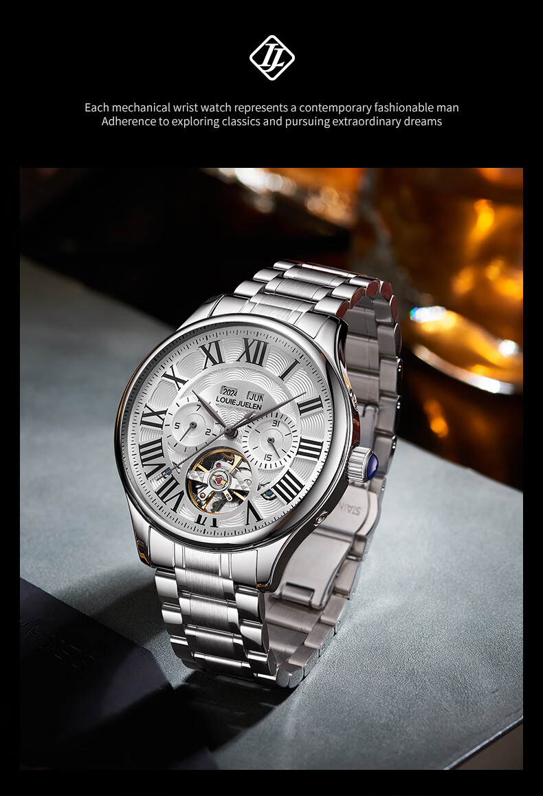 LOUIE JUELEN Men's Mechanical Watch, Student Fully Automatic Genuine Product, Skeleton Tourbillon, Business Style, Silver Case with White Dial And Steel Strap 11