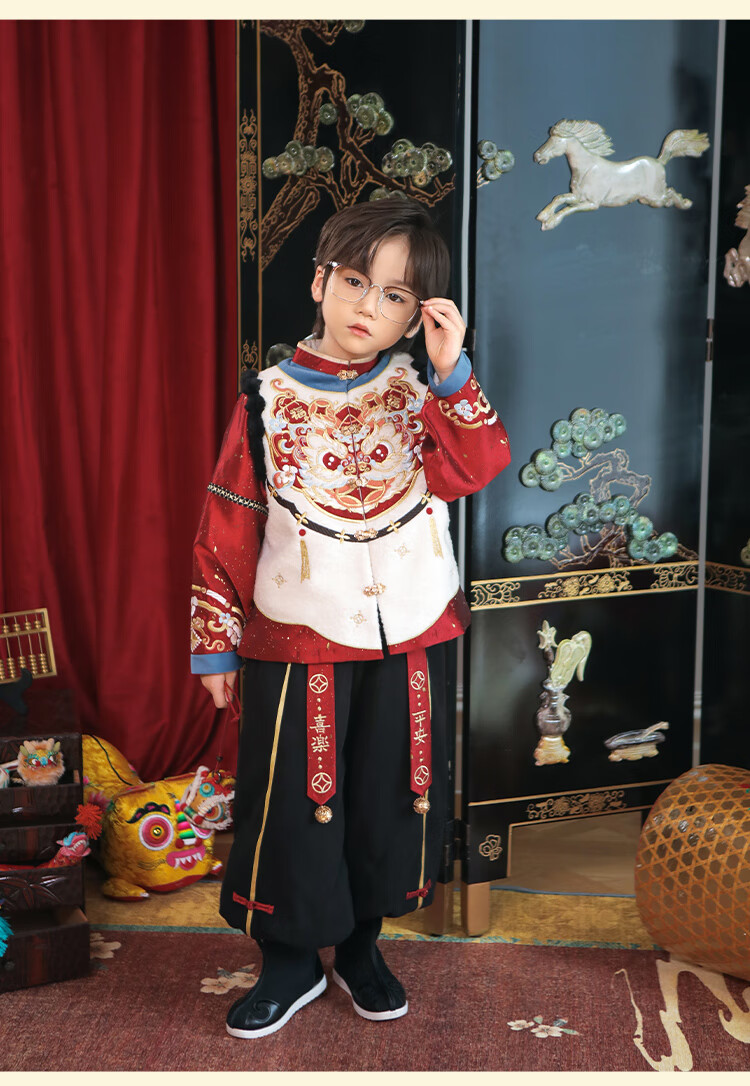Qibo Boys' New Year Outfit, Winter Visiting Clothes for Children, 2026 New Style Chinese-Style Tang Suit, Golden Lion Blessing Pants, Size 160 4