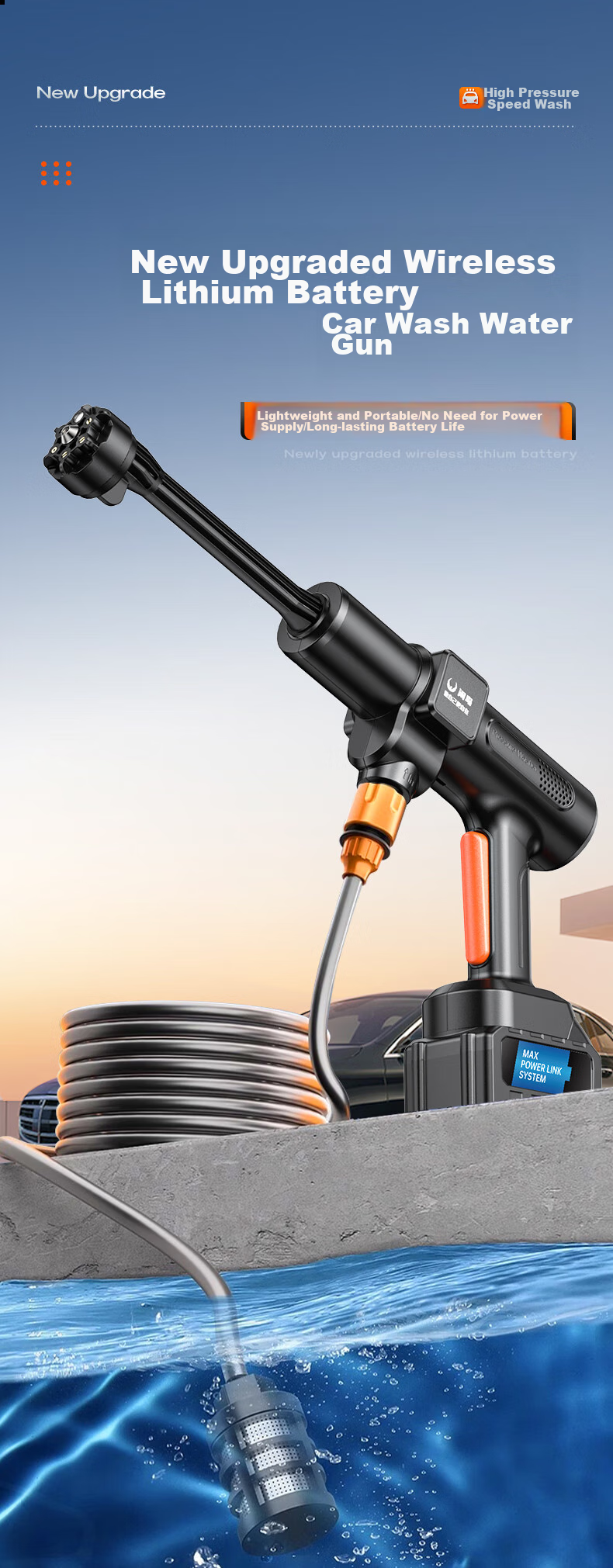 XIANNIAO Car Wash High-Pressure Water Gun, Cordless Lithium Battery-Powered Car Washer for Home Use, Portable High-Power Sprayer, Powerful Floor Cleaning Tool 2