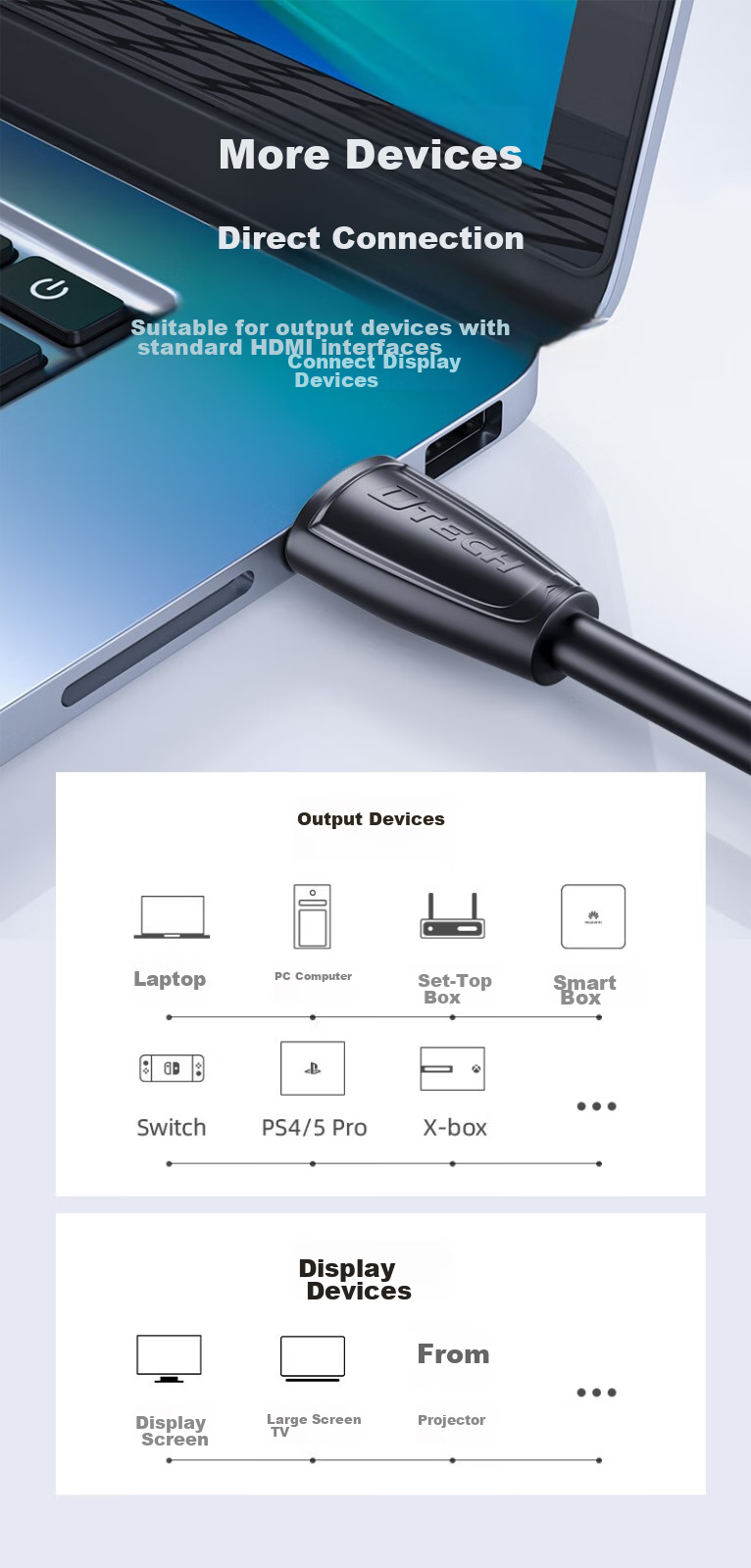 DTECH HDMI Cable Version 2.0, 4K60Hz Digital High-Definition Video Cable, for Connecting Laptop, Set-Top Box to TV, Projector, Engineering Decoration Connection Cable, 3 Meters DT-H005 9