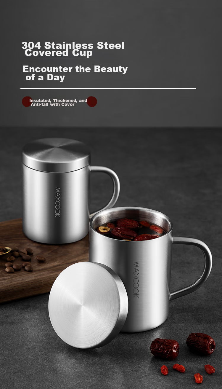 MAXCOOK 304 Stainless Steel Water Cup with Lid, Double-Layer Mug for Office, Tea Brewing And Drinking, Home Use Cup, 400ml 1