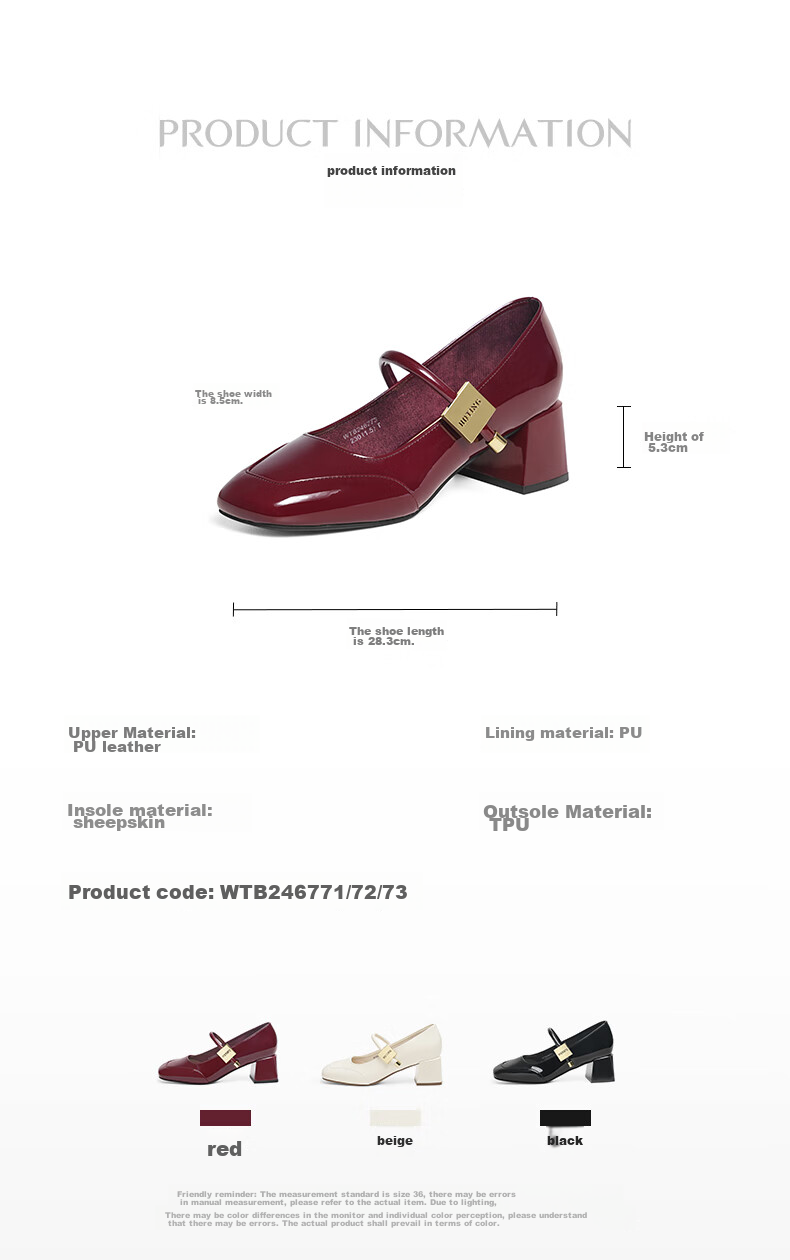 RED DRAGONFLY Mary Jane Shoes, Elegant French-Style Leather Shoes for Spring And Autumn, Chunky Heel Women's Pumps, WTB24677, Black, Size 39 2