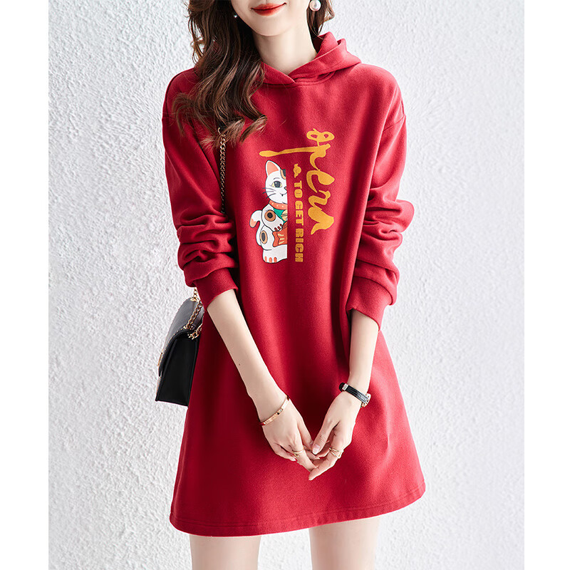 Dme Hoodie Dress for Women, Spring And Autumn Season, Red Hooded Straight Long-Sleeve Loose Sweatshirt Elegant Dress, China Red, S