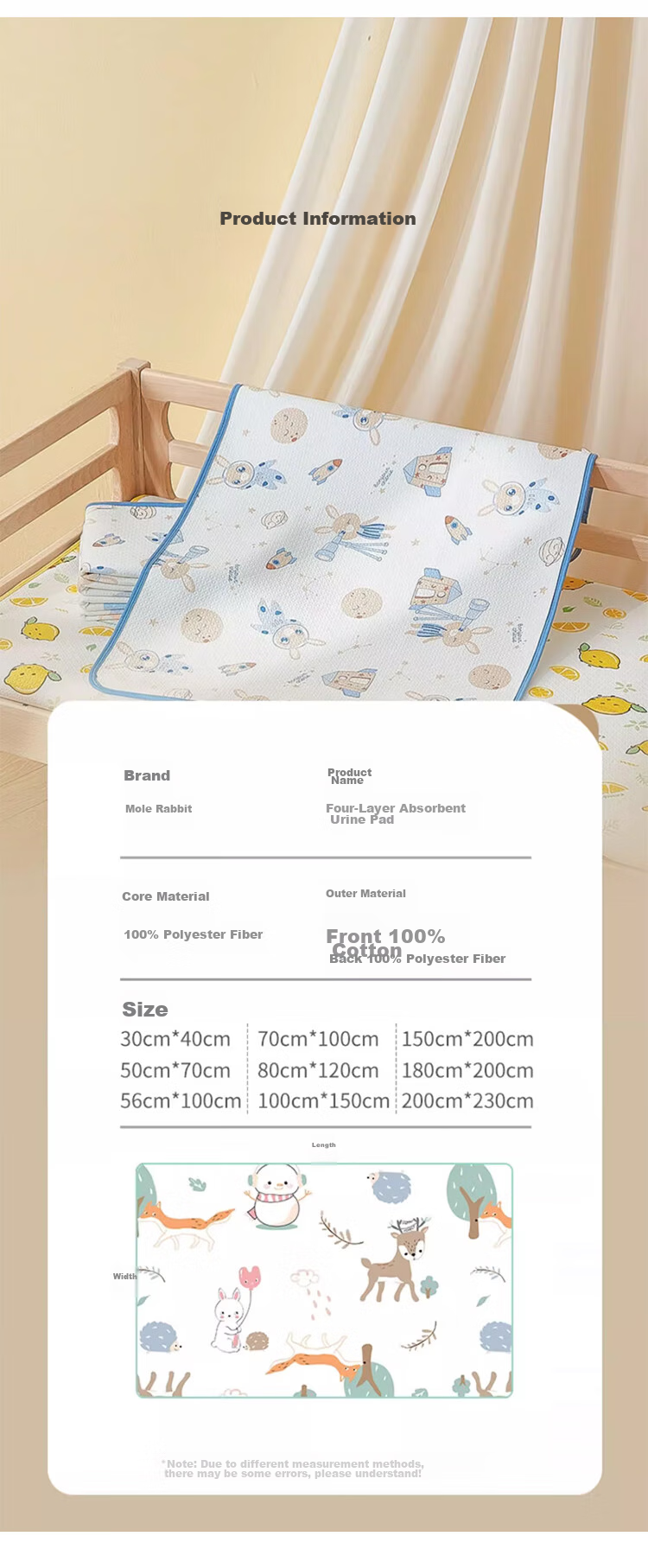 More Rabbit Baby Waterproof Washable Breathable A-Class Large Urine Pad for Boys and Girls Diaper Care Mat 70*100cm 12