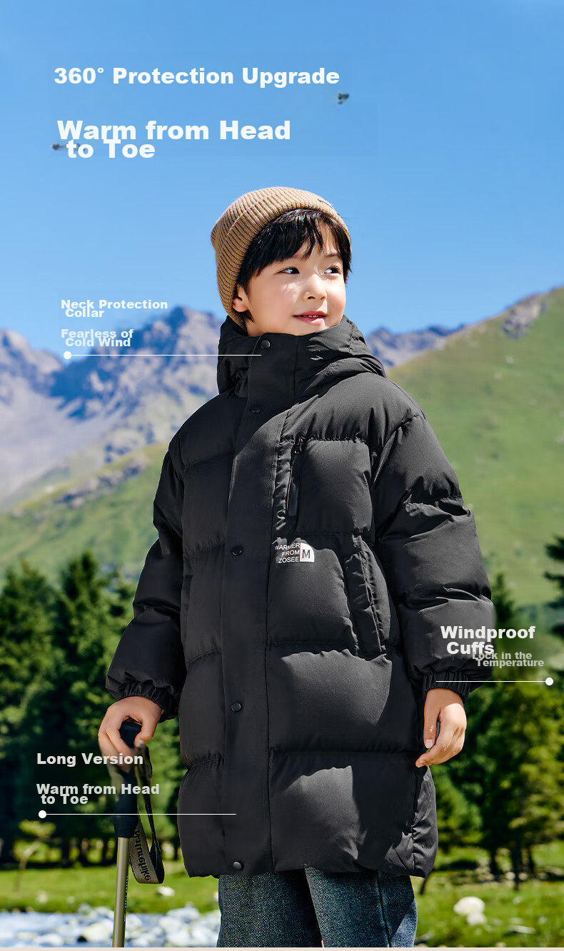 Zuoxi Boys' down Jacket, Long Style, Thickened New Design, Children's White Duck Down, Extreme Cold Black Gold Coat, Black, Size 110, New Year's Outfit 11